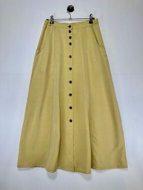 Olsen Butter Yellow Button Front Midi Skirt Tencel Lightweight A Line Size 8